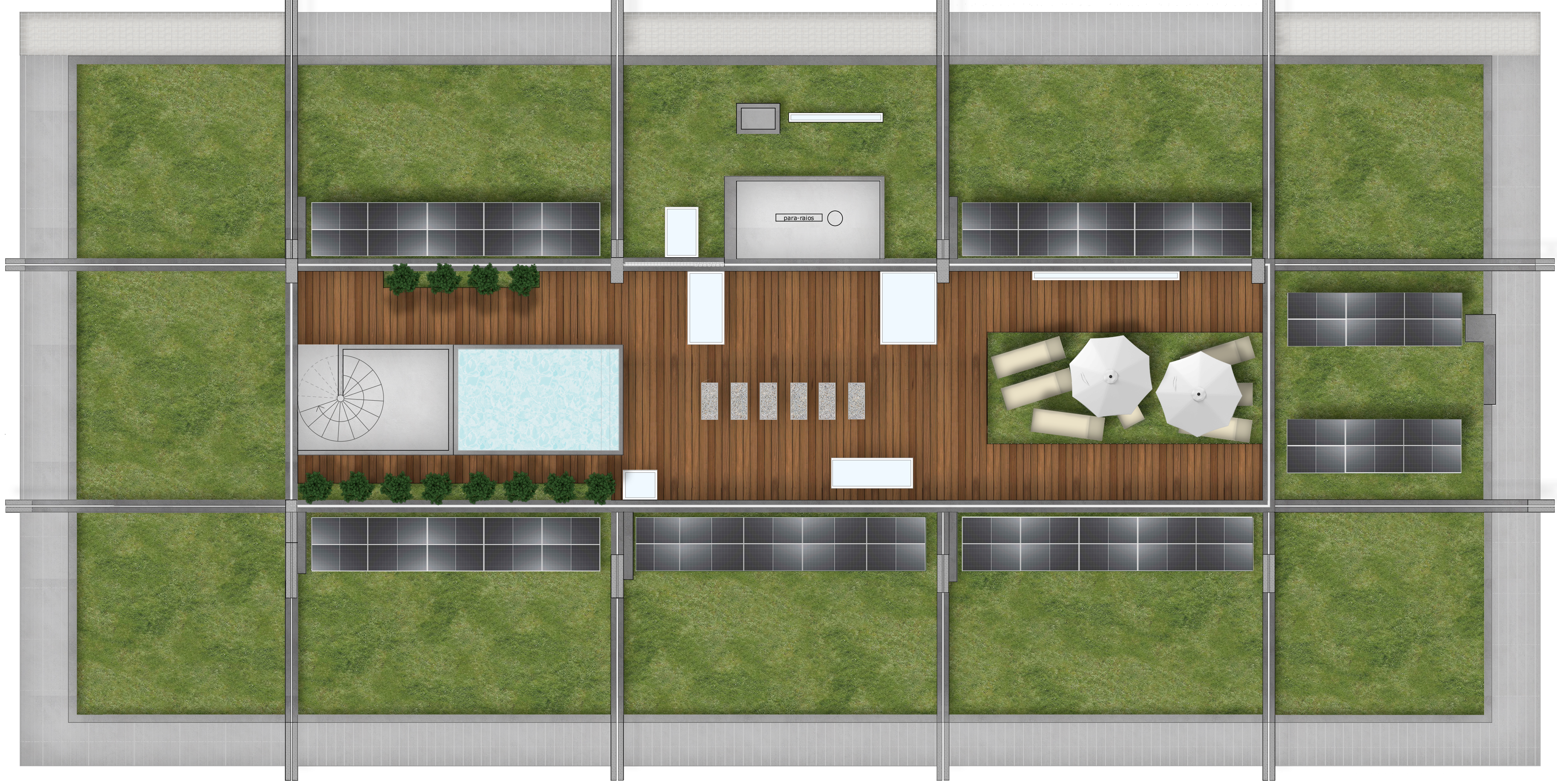 Planta da cobertura da Résidence Vendôme, com deck, piscina, zona de estar, coberturas verdes e painéis solares