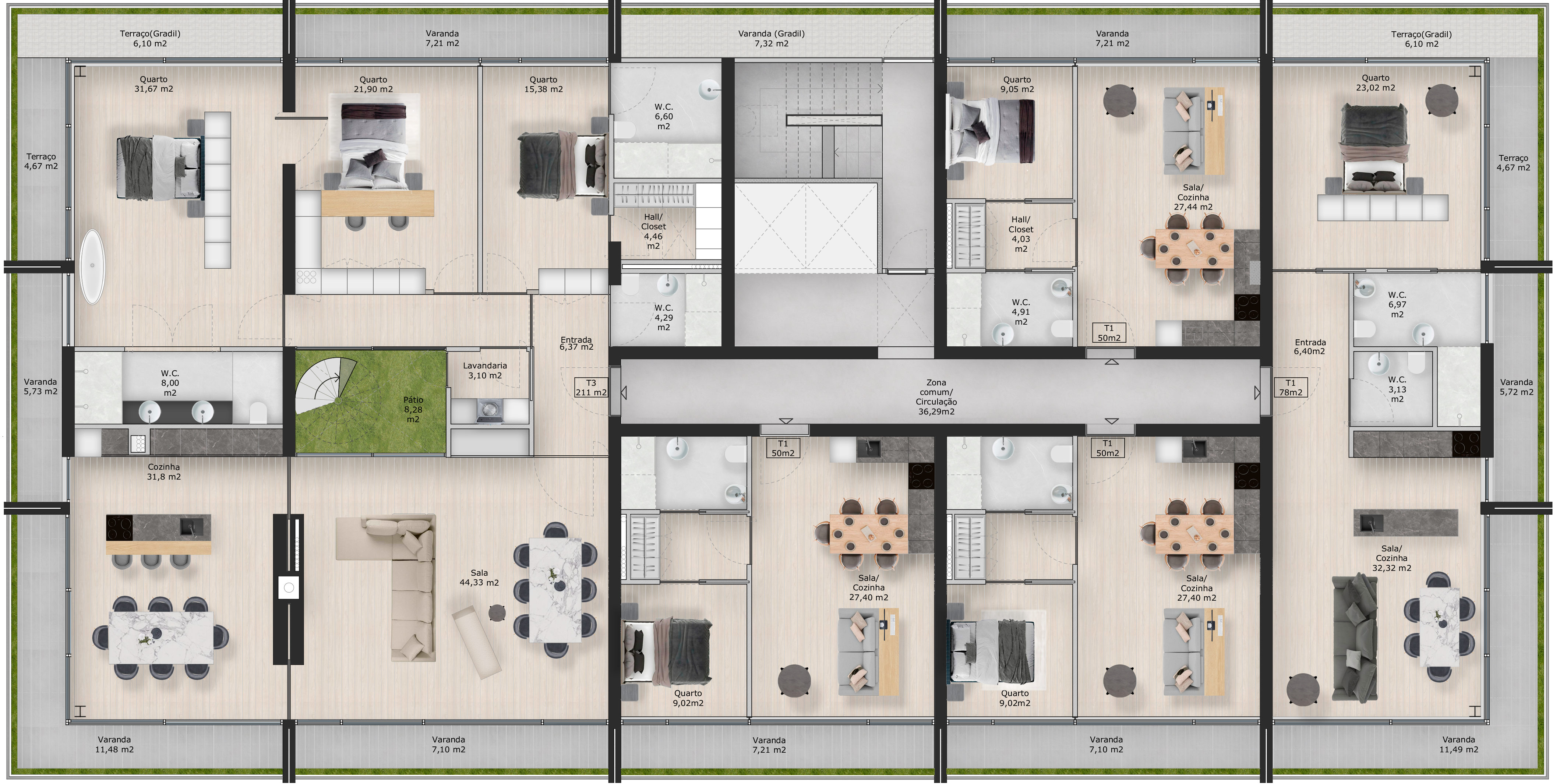 Planta do piso superior da Résidence Vendôme, com as tipologias T1 e T3, terraços e pátio