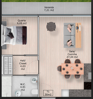 Planta do T1, com quarto, sala/cozinha, hall/closet e varanda