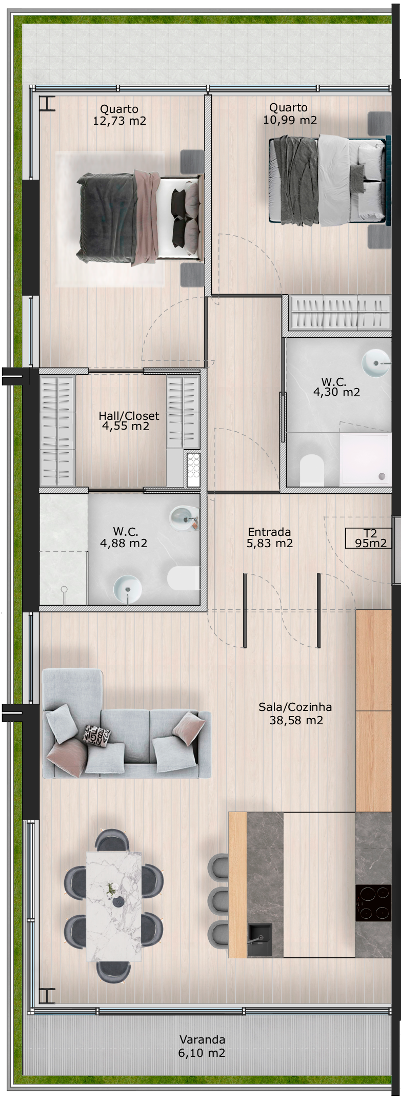 Planta do T2, com dois quartos, duas casas de banho, sala/cozinha e varanda